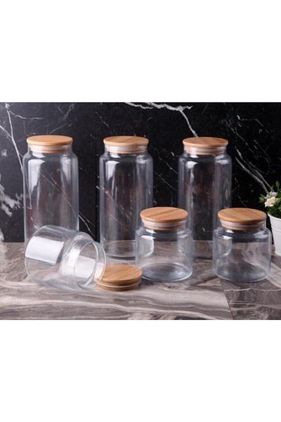 GÖNÜL 0.50 + 1.30 Lt Glass Jar with Vacuum Bamboo Lid Set of 6