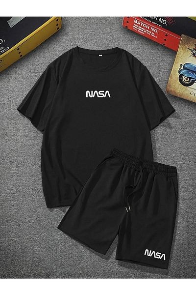 Weavox Nasa Printed Unisex Black Oversize Loose T-shirt Top and Bottom Double Set with Shorts