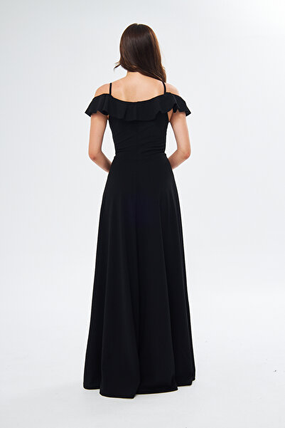 bayansepeti Dámské dlouhé černé šaty s pružným krepovým popruhem s límečkem a rozparkem na hrudi 582190