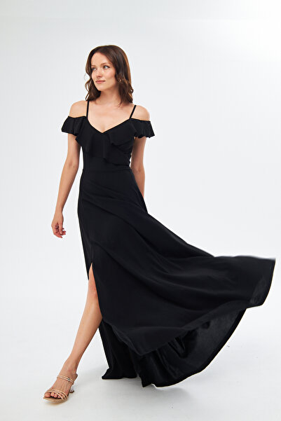 bayansepeti Dámské dlouhé černé šaty s pružným krepovým popruhem s límečkem a rozparkem na hrudi 582190