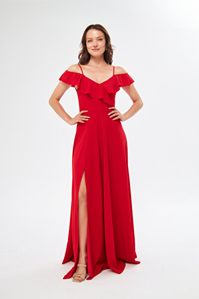 bayansepeti Women's Flexible Crepe Fabric Strap Long Red Dress with Flounce Collar Design and Slit on the Chest 582190