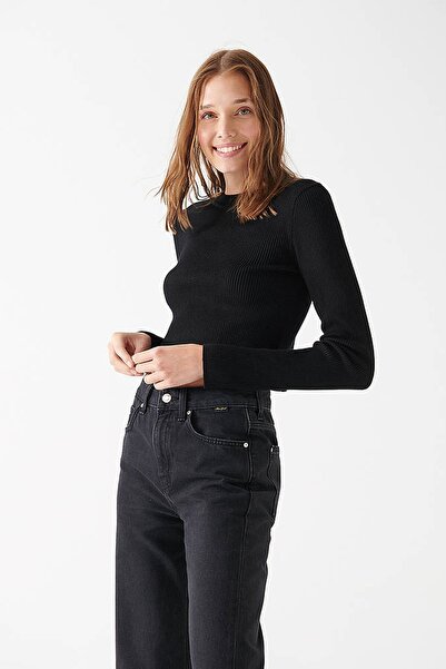 Mavi Pulover negru guler rotund pentru femei 1710147-900