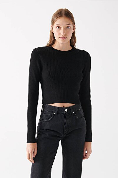 Mavi Pulover negru guler rotund pentru femei 1710147-900