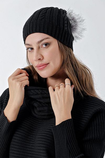 CHUBA Women's Hair Knitted Beret and Neck Collar Set Black 24W131