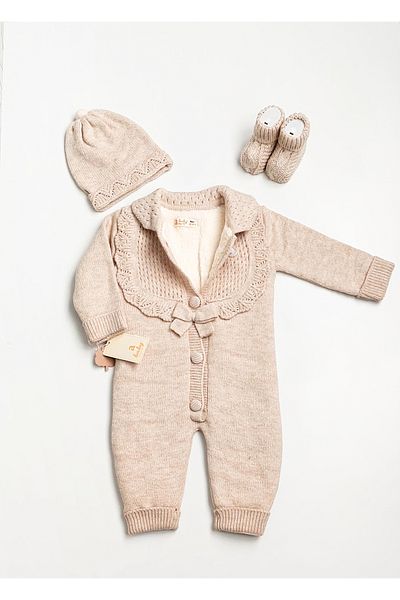 a baby Baby Jumpsuit Lamb Lined Lace Knit with booties and gloves