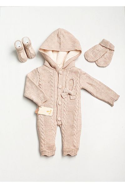 a baby Baby Jumpsuit Lamb Lined Openwork Knit with Booties and Gloves