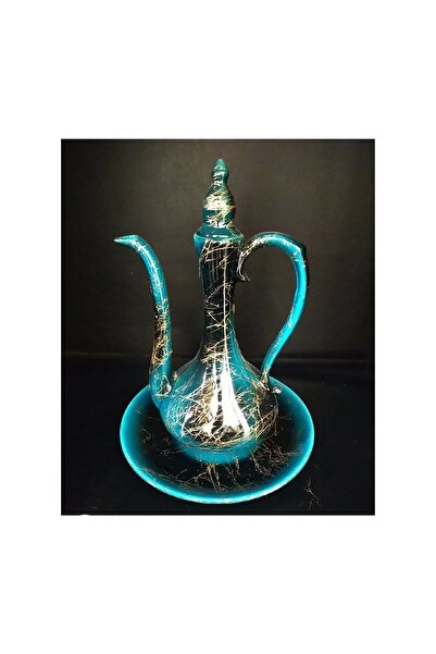 Ege El Yapımı Büyük Boy Çini Ibrik (TABAKLI) Yaldız Işlemeli Yeşil Turkuaz Renk Ibrik Boy 25 Cm