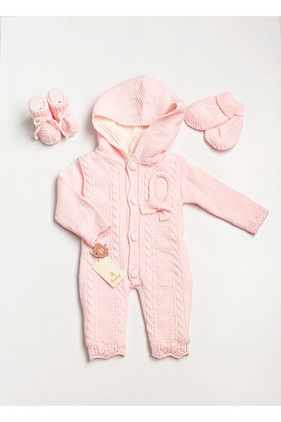a baby Baby Jumpsuit with Lamb Lining, Openwork Knit with Booties and Gloves