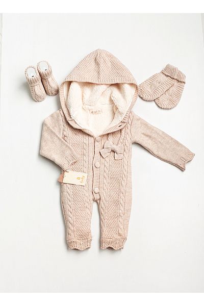 a baby Baby Jumpsuit Lamb Lined Openwork Knit with Booties and Gloves