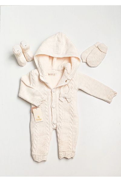a baby Baby Jumpsuit Lamb Lined Openwork Knit with Booties and Gloves