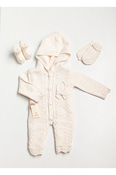 a baby Baby Jumpsuit Lamb Lined Openwork Knit with Booties and Gloves