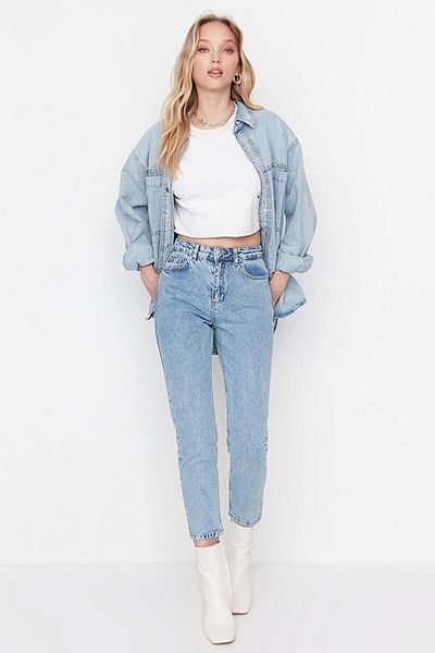 MAKRAS EXCLUSIVE Pantaloni de damă Sera cu talie înaltă albastru deschis Snow Wash Mom Jean