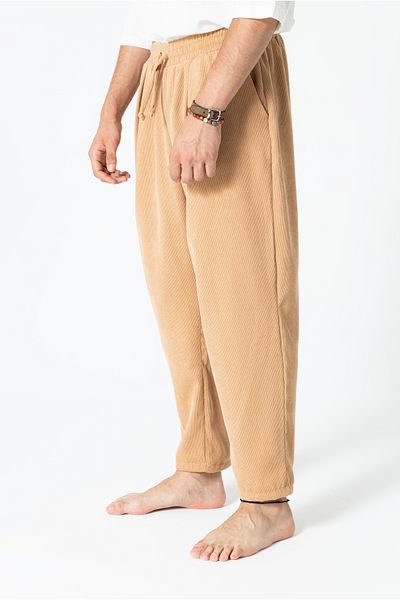 RUBYSTARS Beige Front Pleat Detail Relaxed Cut Elastic Waist Velvet Shalwar Trousers