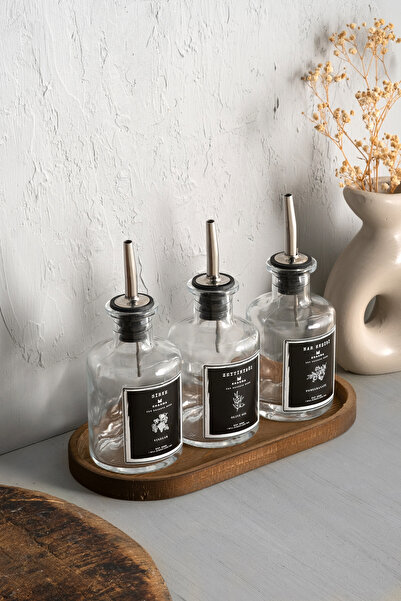 KHAKMA Transparent 3-Piece 250 ml Olive Oil Sauce Bowl Oil Pot Oil Bowl with Wooden Stand BLACK3LUGGLISH TRANSPARENT