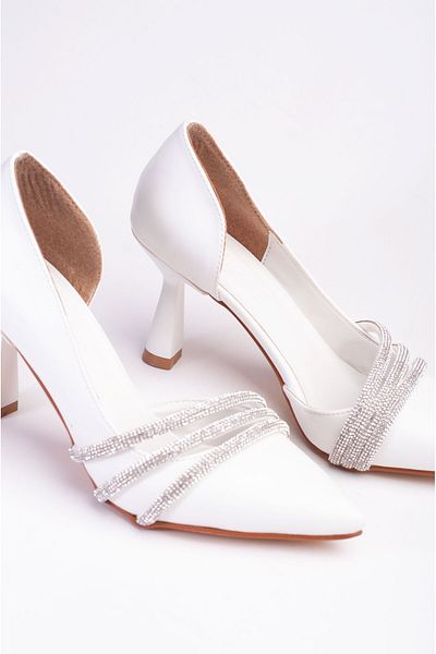 LuisPerry White Color Women's Orthopedic Sponge Stone Evening Dress Shoes Engagement Shoes 9 Cm Heeled Shoes