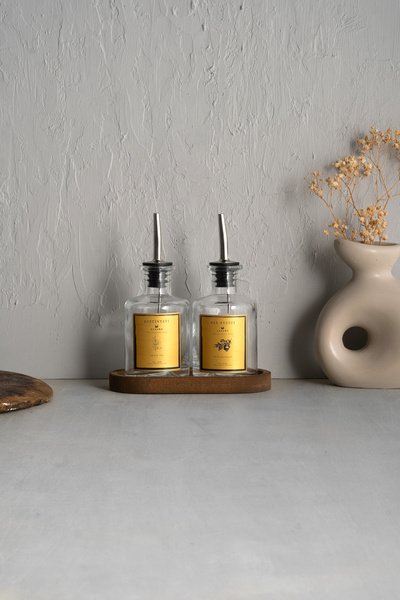 KHAKMA Transparent 2-pack 250 ml Olive Oil Sauce Bowl Oil Pot Oil Bowl with Wooden Stand GOLD2LIGAGALISH TRANSPARENT