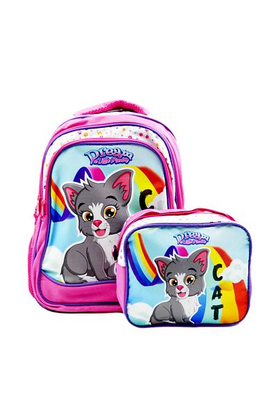 Sentor 3 Compartment Primary School School Backpack And Lunch Box Cat Pink