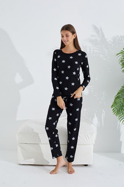 Siyah İnci black and white star patterned cotton pajama set