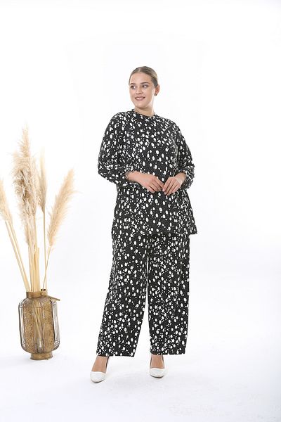 XL Modam WOMEN'S LARGE SIZE WOVEN VISKOSE BLACK AND WHITE DROP PATTERNED DOUBLE SET