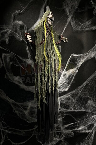 Huzur Party Store Zincir Detaylı Yeşil Cadı 110 Cm Pilli Sese Duyarlı Işıklı Halloween Cadılar Bayramı Parti Dekoru