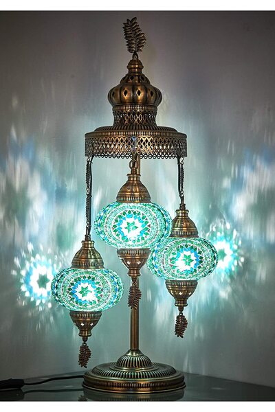 Demmex 3 Büyük Küre Muhteşem El Yapımı Türk Fas Mozaik Masa Lambası. Yüksekli...
