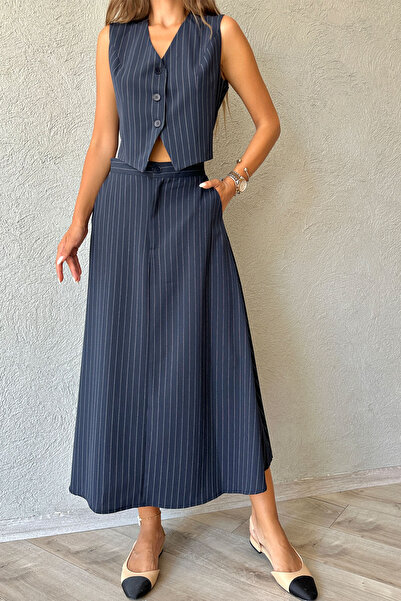 Seda Yalçın Atelier Navy Blue Striped Bell Skirt and Vest Set
