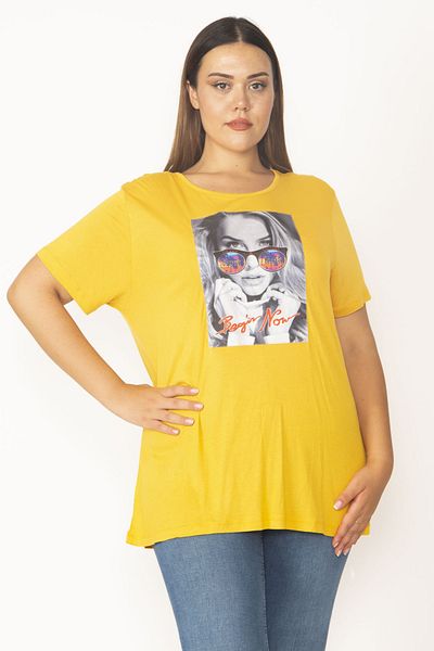 Şans Women's Large Size Yellow Digital Printed Viscose Blouse 65n27410