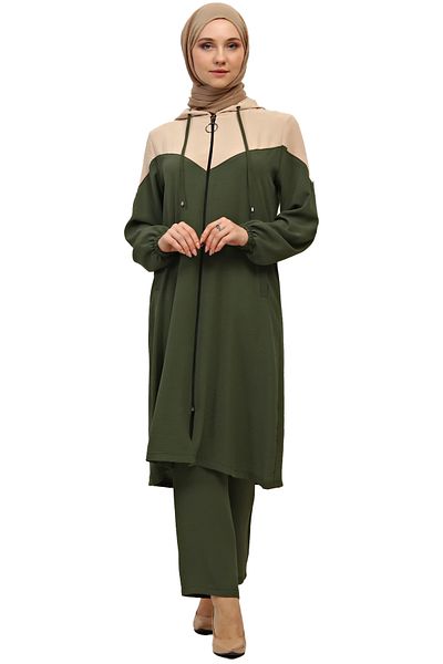 Saraylı Hooded Zippered Pocket Cap Trousers Set Women's Hijab Bottom and Top Set