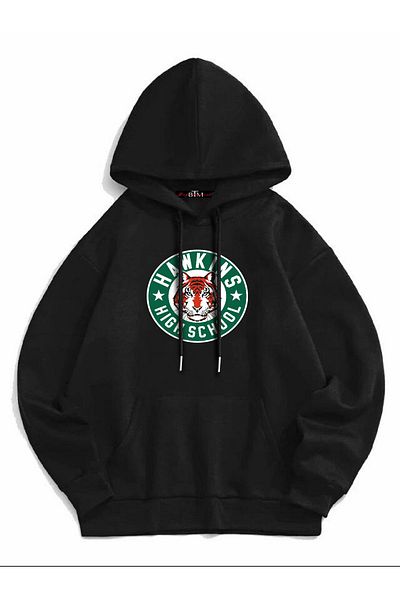 Buğraterzimoda High School Printed Unisex Μαύρο φούτερ με κουκούλα με τσέπη καγκουρό