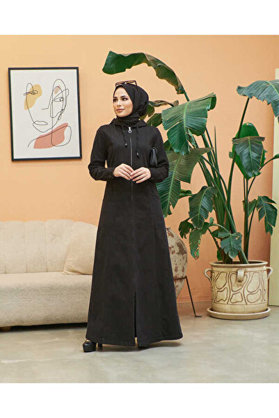 Neways 6463-Denim Kapşonlu Ferace Siyah