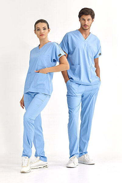 ÇİZGİ MEDİKAL Açık Mavi Likralı Doktor Hemşire Forması Scrubs Likralı Takım (...