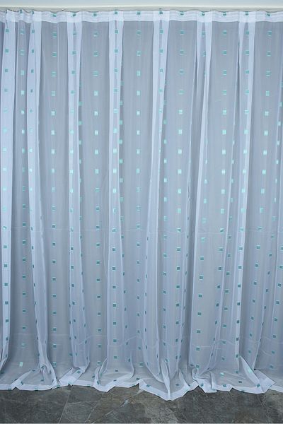 AKÇA TEKSTİL TERGAL GREEN CHECKED WHITE COLOR SINGLE WING Ready Planted Pleated Background Curtain 300*260 Cm