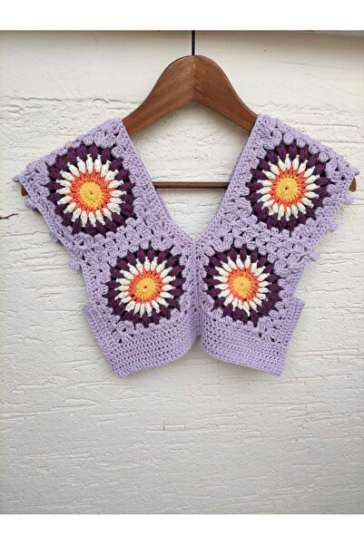 Sistaful El Örgüsü Çiçekli Crop Süveter