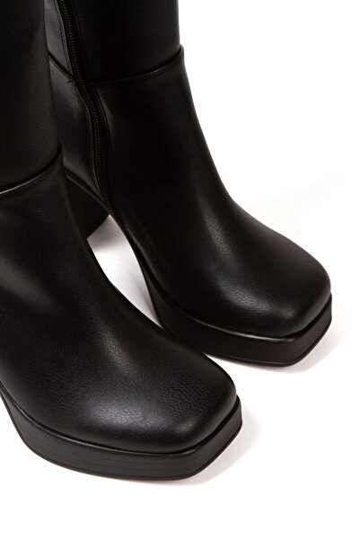 DARUGA Kadın Siyah Yüksek Kalın Topuklu Dekolte Çizme