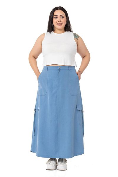 DISENTIS MODEST Large Size Skirt Tip Gather Detailed Parachute Long Blue Skirt