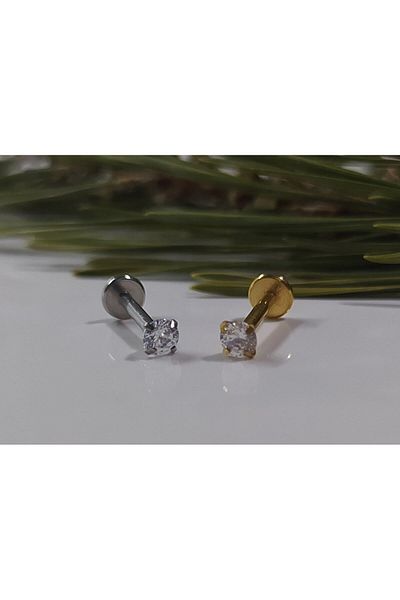 Işıl Işıl Surgical Steel Zircon Stone Silver Grey+ Gold Piercing, Earring, Cartilage, Tragus, (Set of 2 10 Mm)