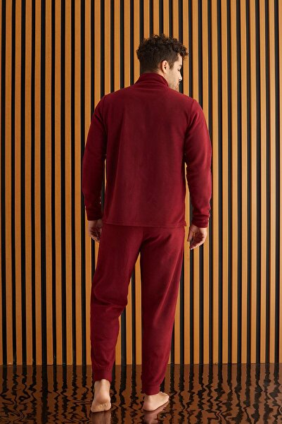 Pijamaevi Bordo Önden Fermuarlı Uzun Kollu Polar Erkek Pijama Takımı