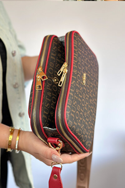 Just Polo S2 Medium Size Red Combination Crossbody Women's Shoulder Bag - 5 Compartments 2053 Model