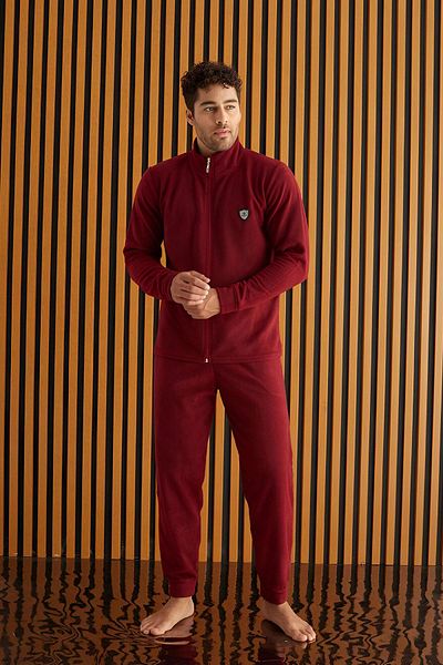 Pijamaevi Langärmeliges Fleece-Pyjama-Set für Herren in Weinrot mit Reißverschluss vorne
