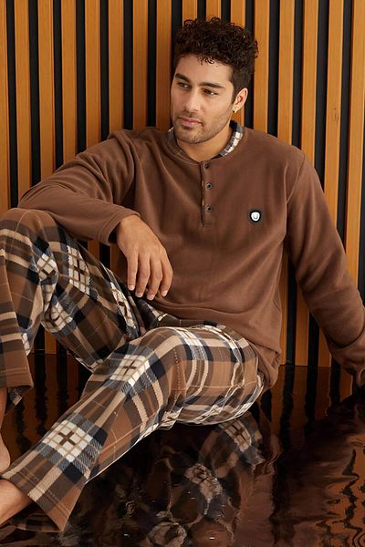 Pijamaevi Hnědý krémový kostkovaný vzorovaný fleece pánský pyžamový set