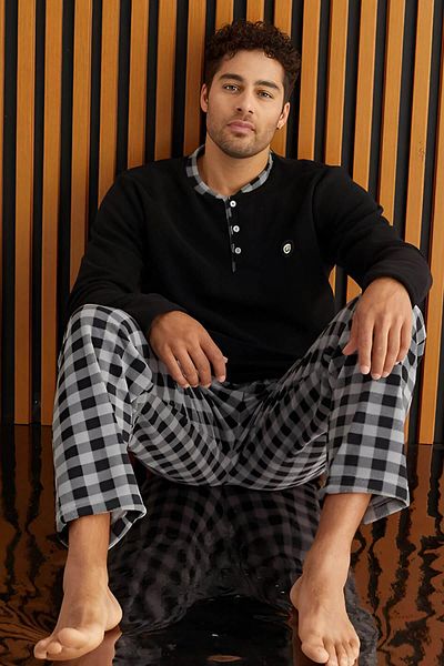 Pijamaevi Black Gray Plaid Patterned Fleece Men's Pajama Set