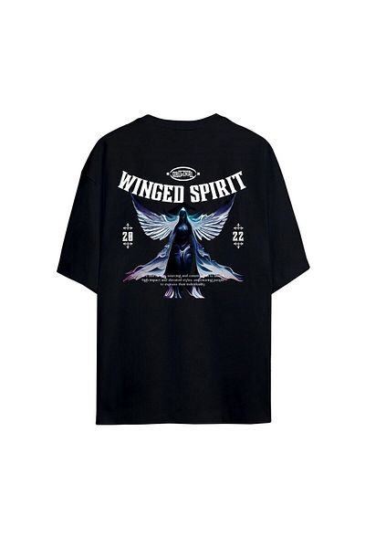 Pisa Art Черна тениска с щампа на гърба Winged Spirit, 100% памук, голям размер