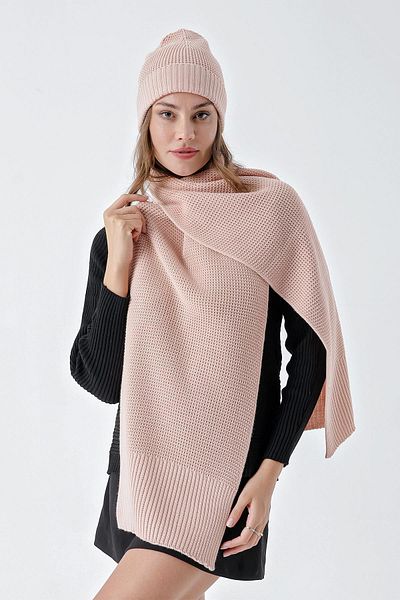 CHUBA Women's Soft Buttoned Knitted Detailed Scarf Beanie Set Powder 24W132