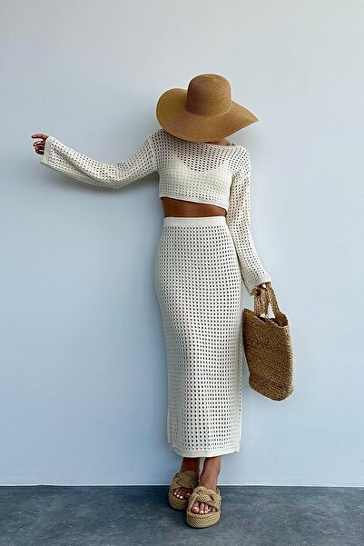 Lupies Women's Cream Openwork Skirt Crop Set