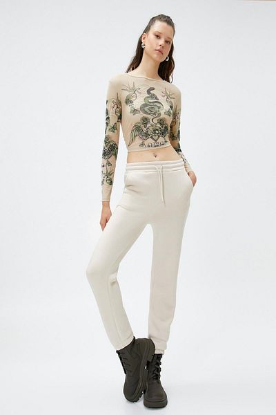 Koton Damen-Jogginghose mit elastischem Bund, Schnürung und Taschendetail, Beige
