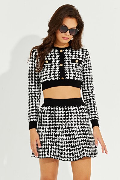 Cool & Sexy Női fekete-fehér Houndstooth kötöttáru szoknya készlet SF2190
