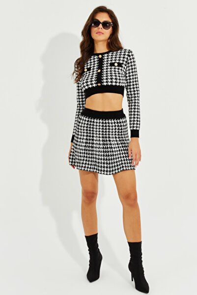 Cool & Sexy Női fekete-fehér Houndstooth kötöttáru szoknya készlet SF2190