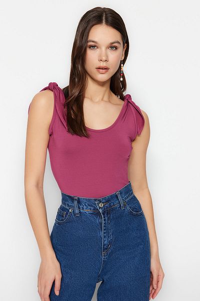 Trendyol Collection Fuchsia Tie Detailed Pool Collar Back Low-cut Knitted Body TWOSS23BD00088