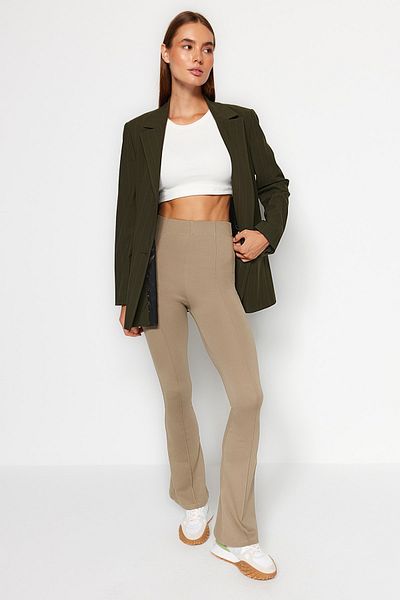 Trendyol Collection Mink Ribbed Elastic Waist Flare/Spanish Leg High Waist Knitted Trousers TWOSS20PL0342
