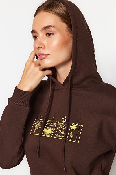 Trendyol Collection Кафяв плетен суитшърт с качулка и плътен полар отвътре TWOAW22SW1999